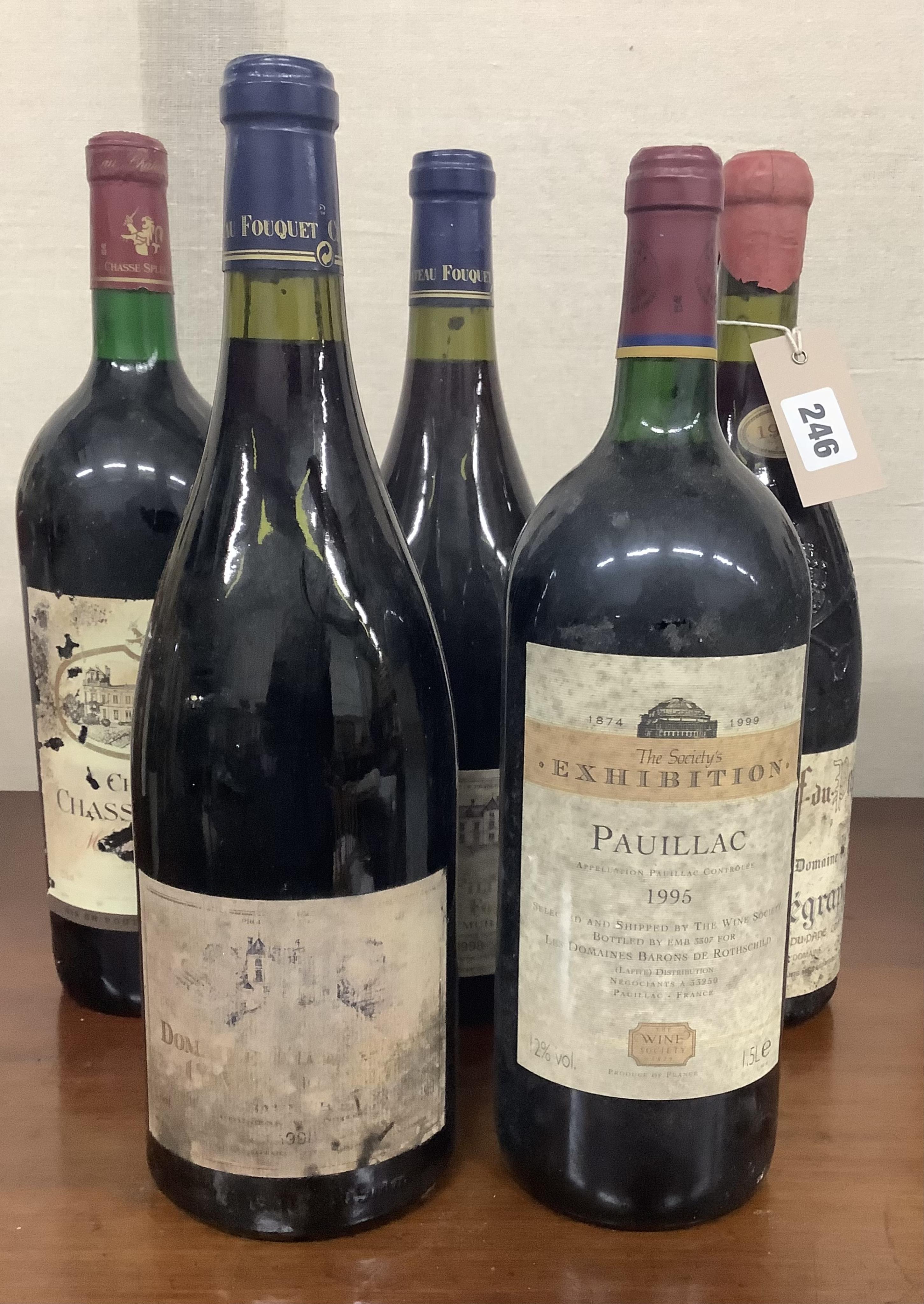 Five Magnums, Domaine Filliatreau Chateau Fouquet Samur 1998 (2), Exhibition Pauillac 1995, Vieux Telegraphe Chateauneuf-du-Pape 1997 and Chateau Chasse-Spleen Medoc 1993. Condition - fair, from a local private cellar